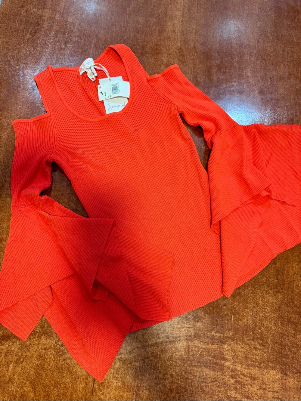 Scripted Bold Orange Cold-Shoulder Ribbed Bell-Sleeve Top - Picture 4 of 10